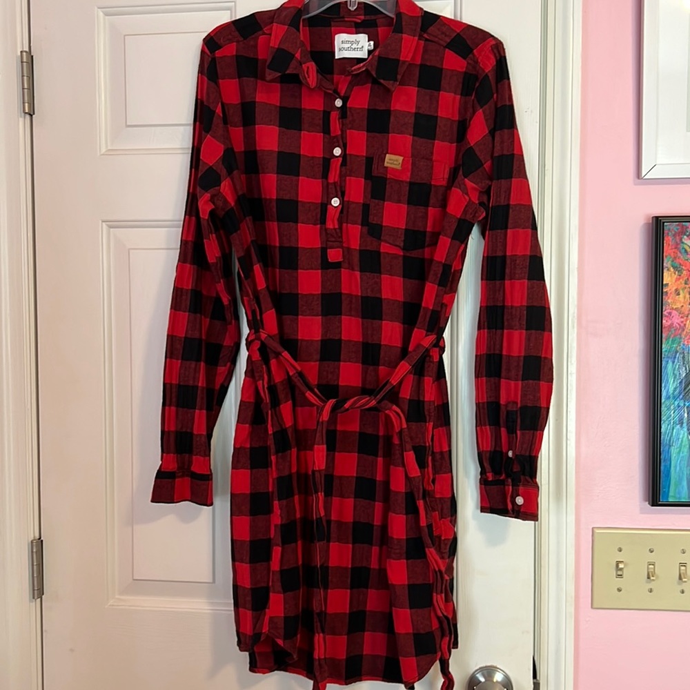 Buffalo plaid over sized wrap dress mid length.